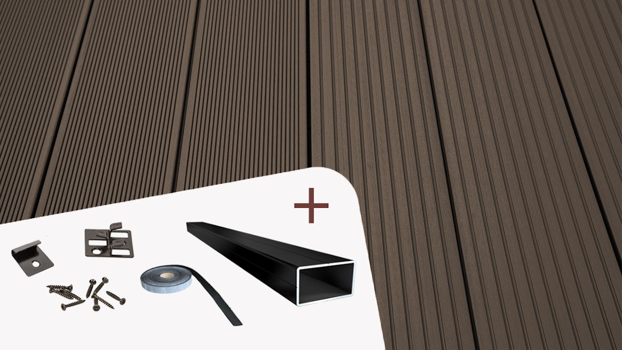 Complete set TitanWood 3m solid plank grooved structure dark brown 9.2m² incl. aluminium-UK