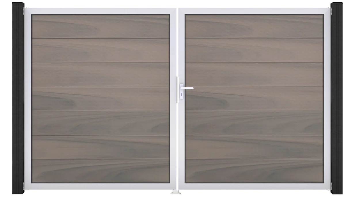 planeo Solid Grande - gate 2-leaf bi-colour co-ex with silver aluminium frame 180x300x4cm