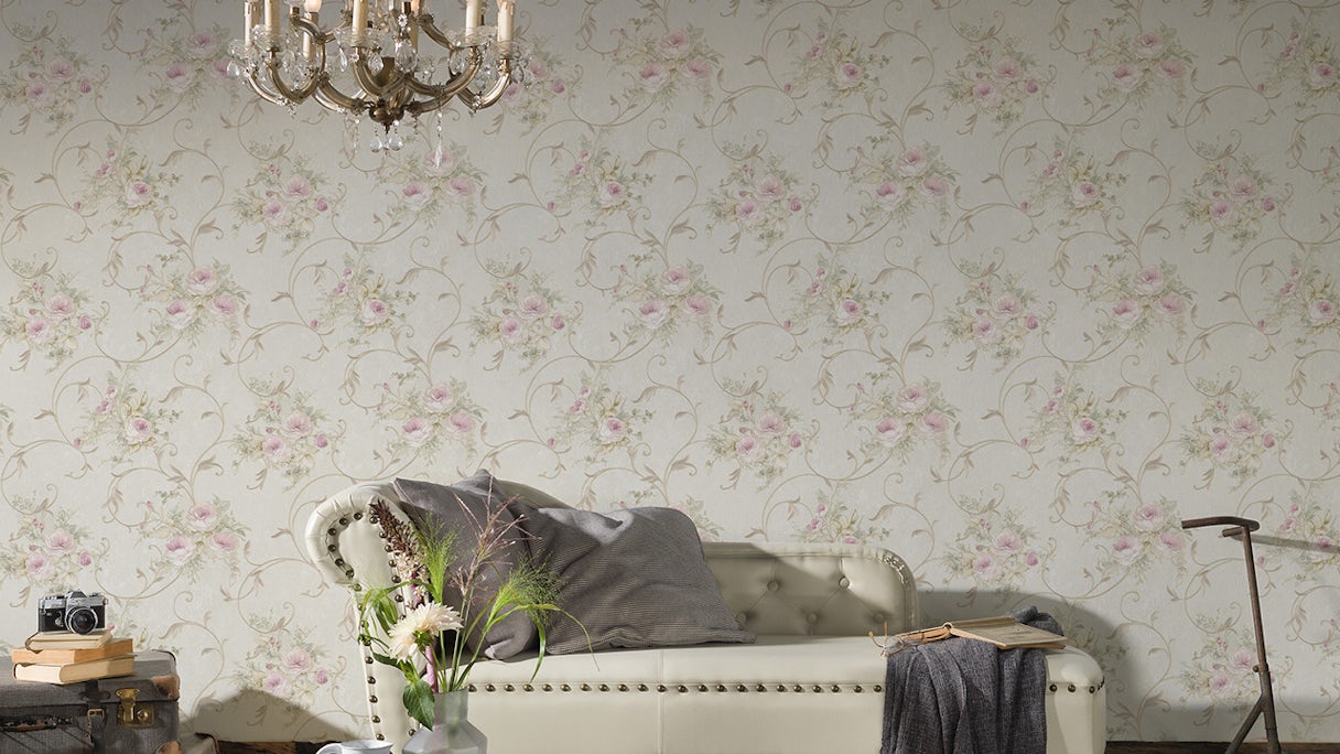 Vinyl wallpaper Best of non-woven A.S. Création Vintage Vintage Floral Tendrils Cream Green Pink 202