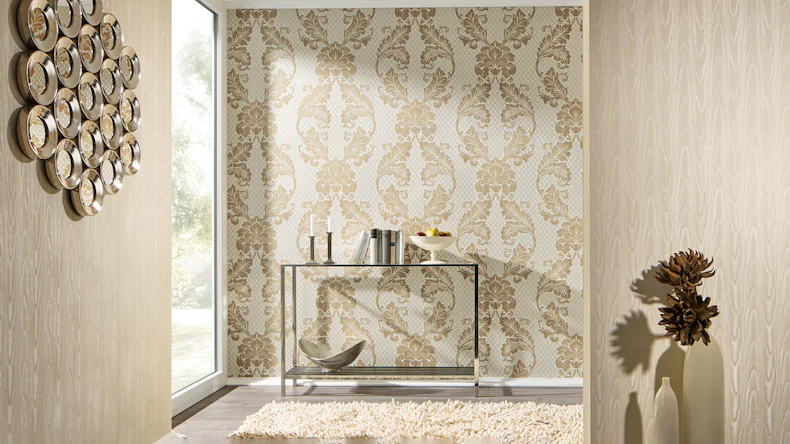 Véritable papier peint floqué Papier mural de luxePapier mural vintage Ornements Architectes Papier Crème Métallique 442