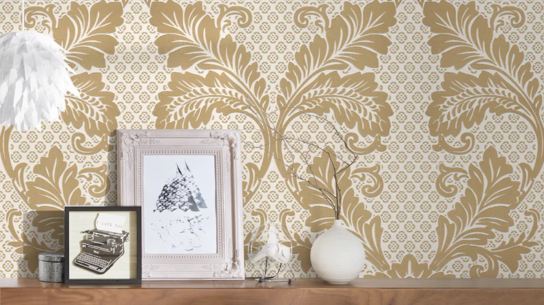 Véritable papier peint floqué Papier mural de luxePapier mural vintage Ornements Architectes Papier Crème Métallique 442