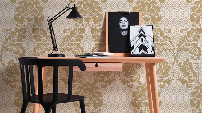 Véritable papier peint floqué Papier mural de luxePapier mural vintage Ornements Architectes Papier Crème Métallique 442