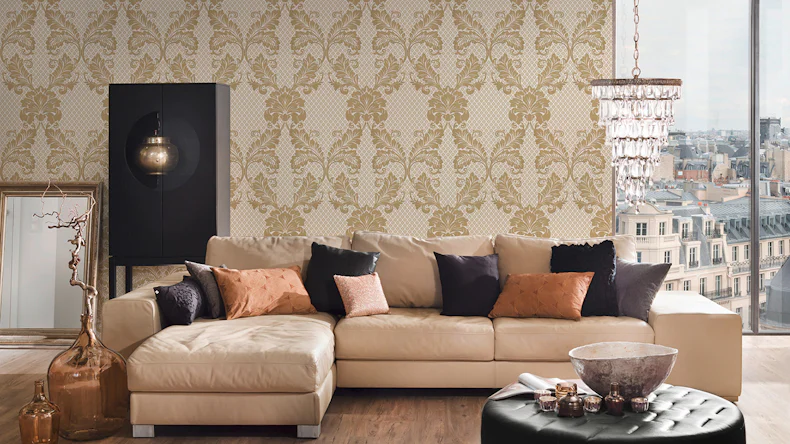 Véritable papier peint floqué Papier mural de luxePapier mural vintage Ornements Architectes Papier Crème Métallique 442