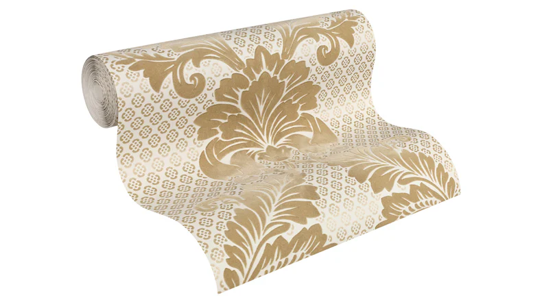 Véritable papier peint floqué Papier mural de luxePapier mural vintage Ornements Architectes Papier Crème Métallique 442