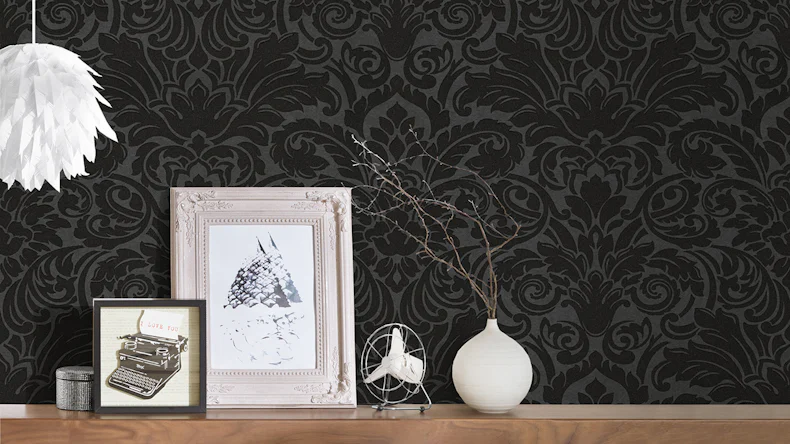Papier peint en perles de verre Papier mural de luxePapier d'ornement vintage Architectes Papier noir métallisé 455