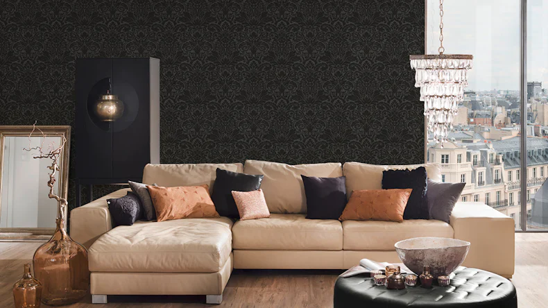 Papier peint en perles de verre Papier mural de luxePapier d'ornement vintage Architectes Papier noir métallisé 455