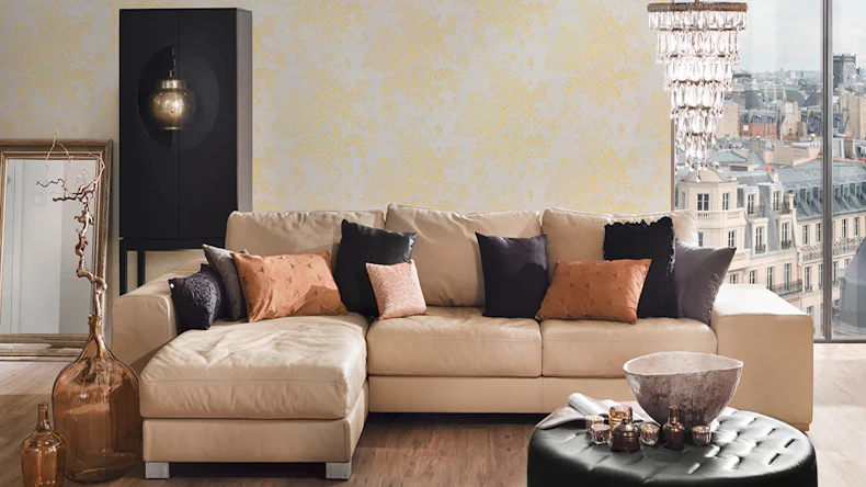 Papier peint textile Soie métallisée Architectes Papier style paysan fleurs or blanc métallisé 571