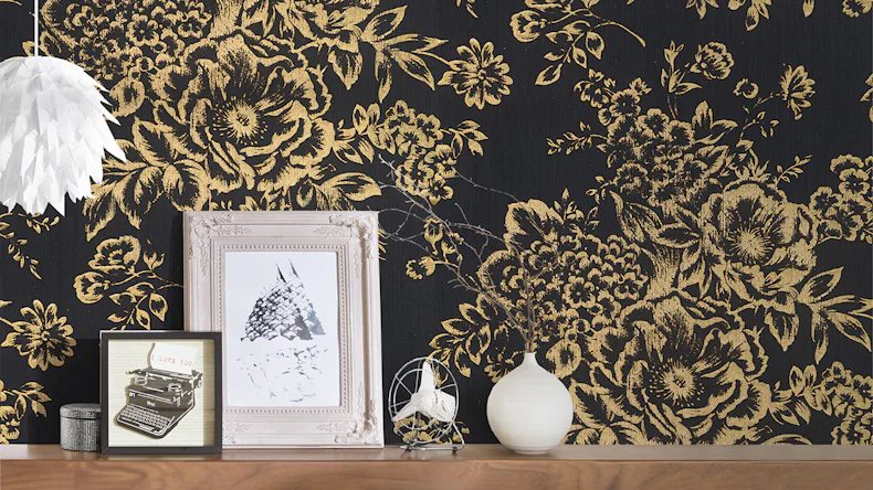 Carta da parati tessile Metallic Silk Architects Architects Carta stile country fiori neri metallici 577