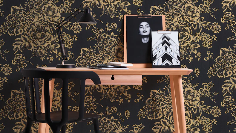 Carta da parati tessile Metallic Silk Architects Architects Carta stile country fiori neri metallici 577