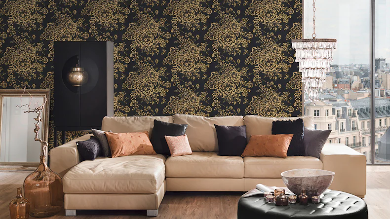 Carta da parati tessile Metallic Silk Architects Architects Carta stile country fiori neri metallici 577