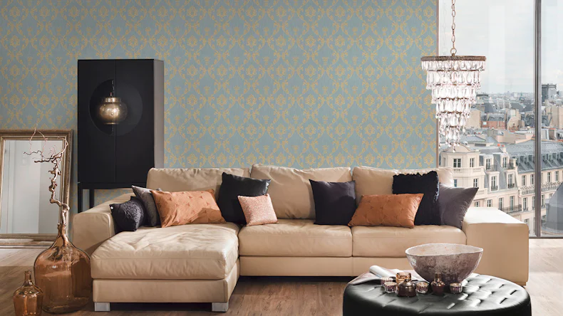 Tessile Carta da parati Metallica Seta Architetti Carta Ornamenti Blu Verde Metallico 586