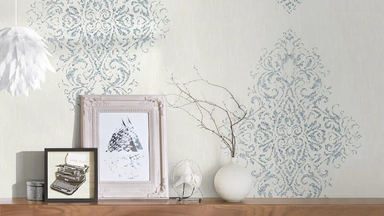 Papier peint textilePapier mural de luxePapier d'ornement Architectes Papier blanc bleu métallisé 451