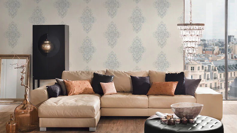 Papier peint textilePapier mural de luxePapier d'ornement Architectes Papier blanc bleu métallisé 451