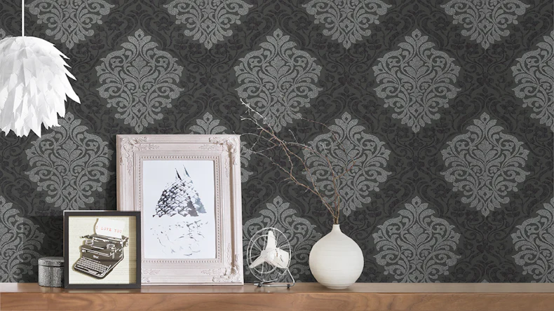 Carta da parati in tessuto non tessuto Alpha Architects Ornamenti di carta Metallic Black 804