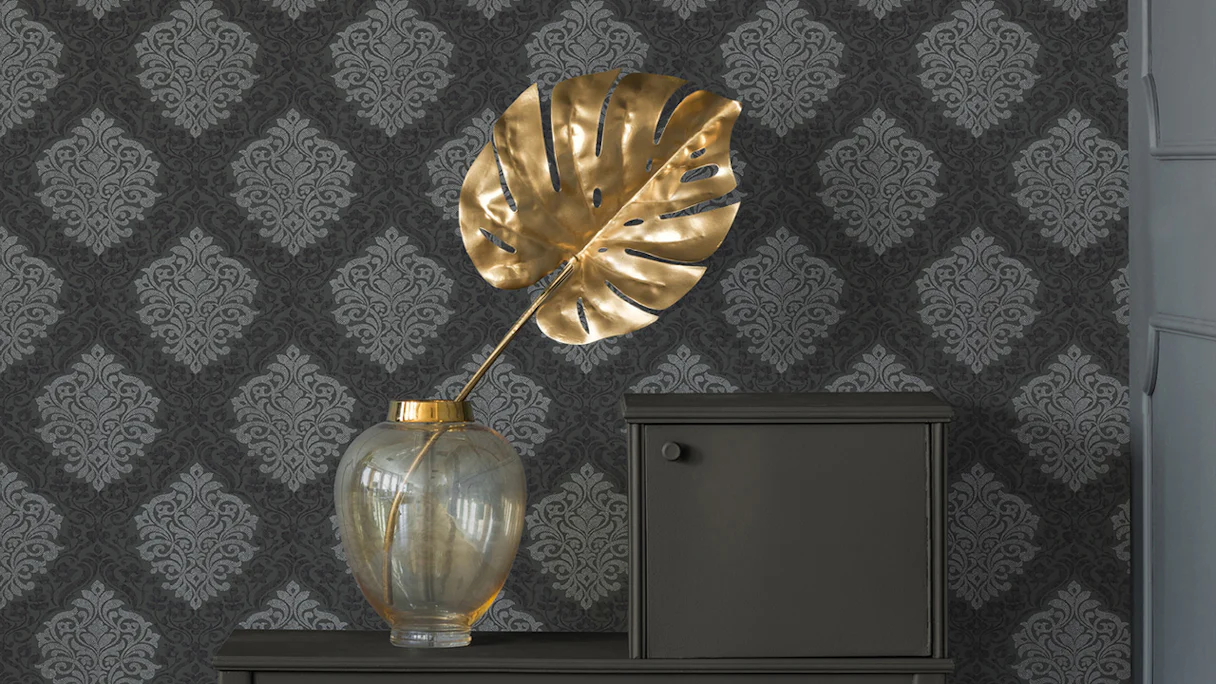 Non-woven wallpaper Alpha Architects Paper Ornaments Metallic Black 804