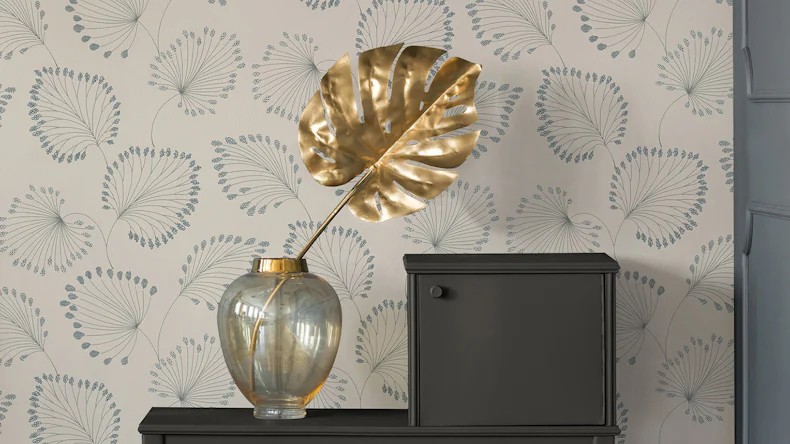 Carta da parati in tessuto non tessuto Alpha Architects Carta stile country lascia beige blu metallizzato 713