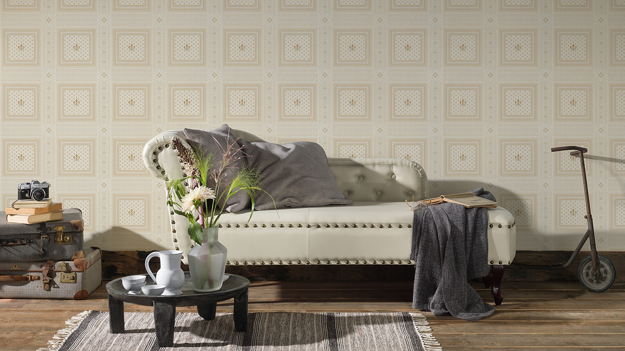 Vinyltapete creme Retro Landhaus Ornamente Streifen Hermitage 10 414