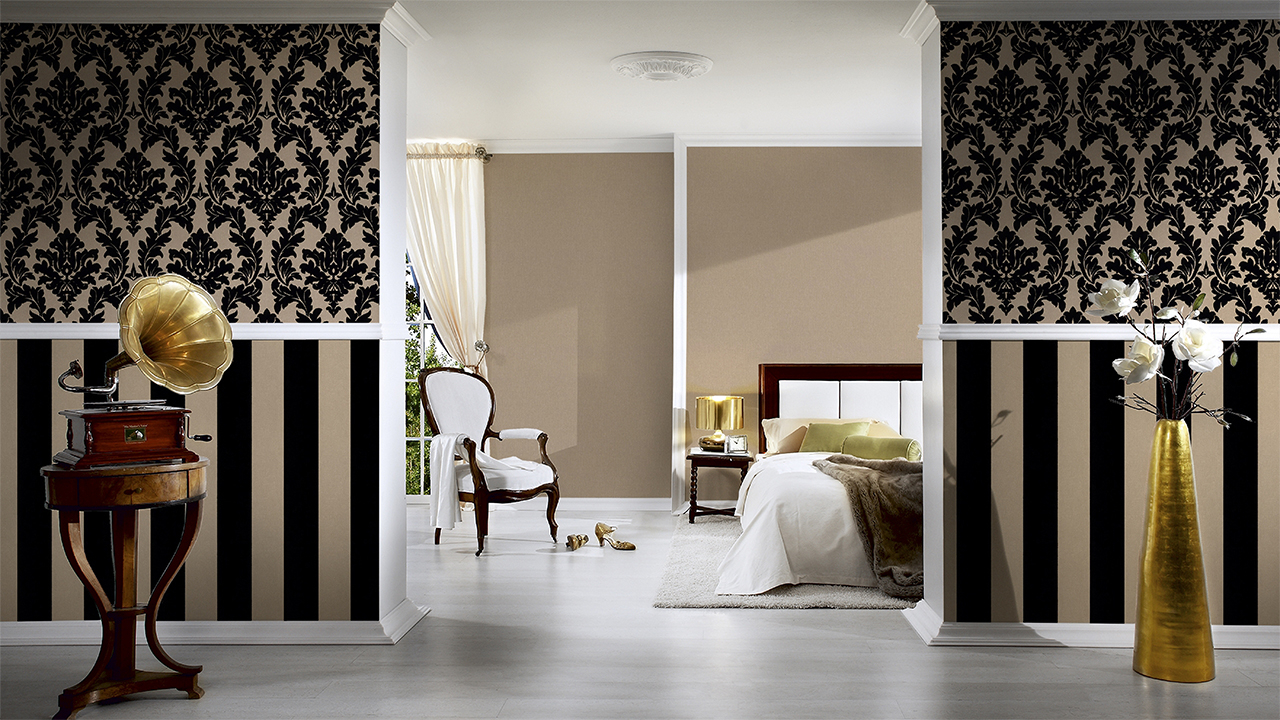 Carta da parati in vinile flocculata Castello Architects Ornamenti in carta nera metallizzata 804