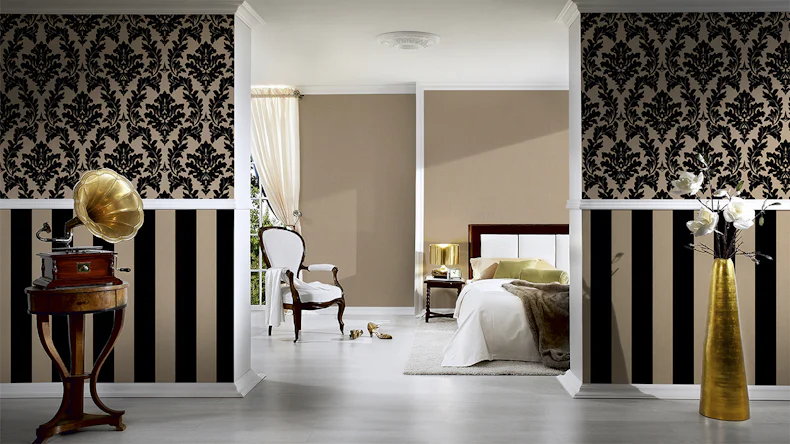 Carta da parati in vinile flocculata Castello Architects Ornamenti in carta nera metallizzata 804