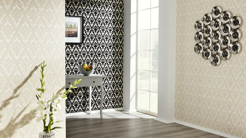 Carta da parati in vinile floccato Castello Architects Ornamenti in carta nero crema 826