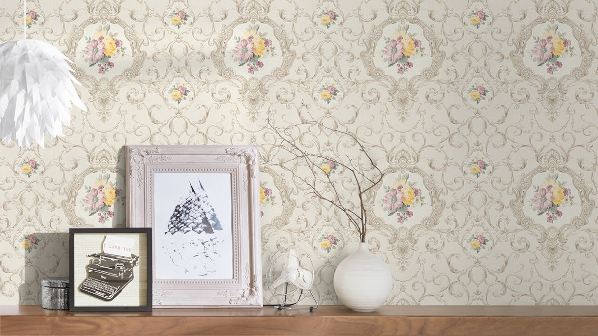 Vinyltapete beige Landhaus Retro Barock Ornamente Blumen & Natur Château 5 912