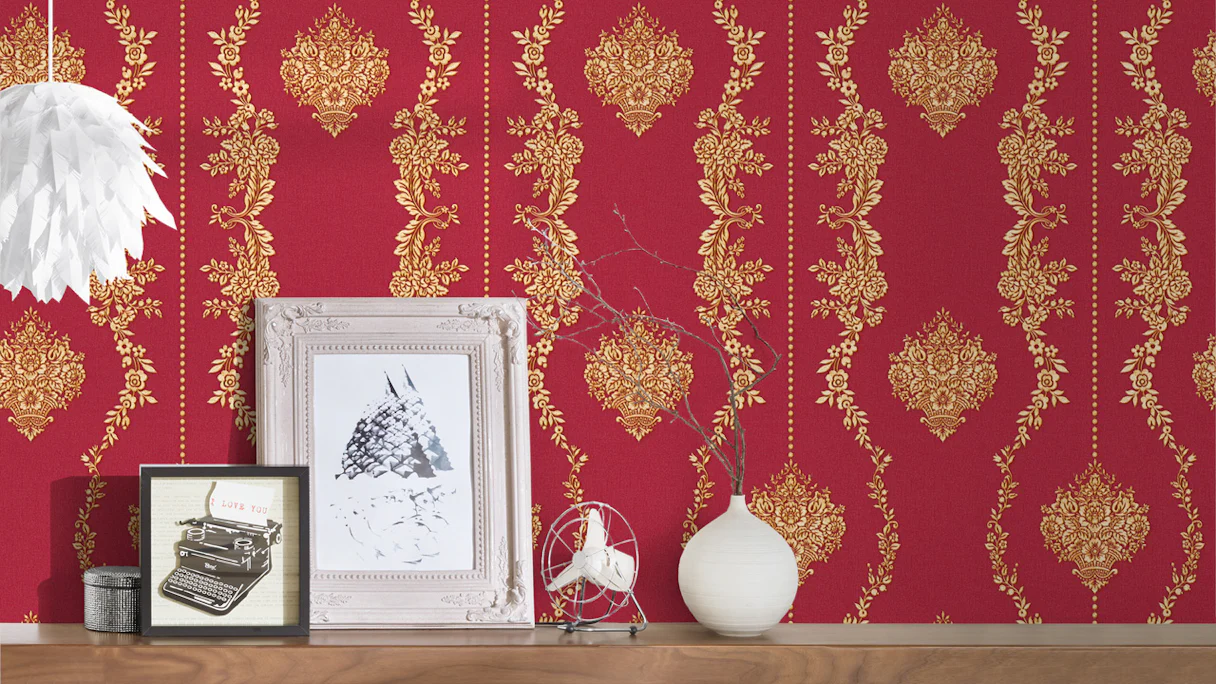 papier peint vinyle rouge rétro maison de campagne baroque fleurs & nature ornements château 5 932
