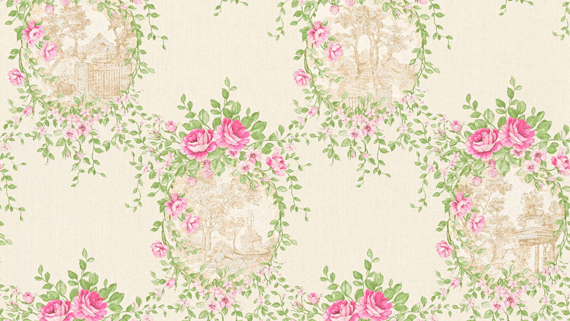 Papier peint vinyle rose classique rétro ornements de campagne fleurs & nature château 5 992
