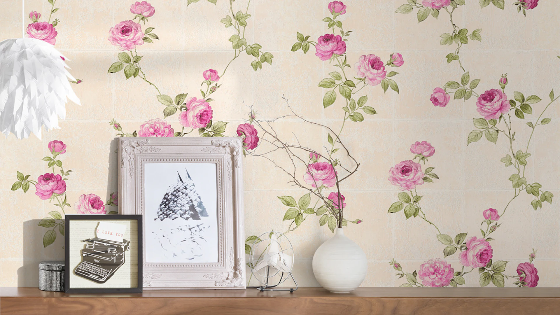 Papier peint vinyle rose classique rétro fleurs & nature château 5 014