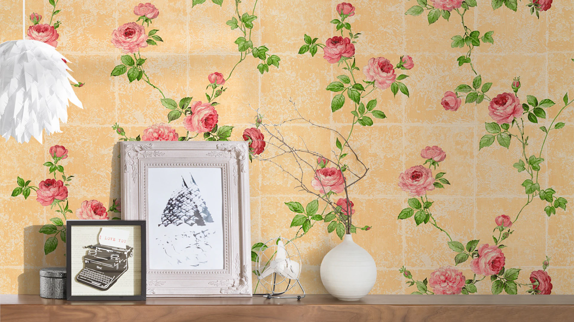 Papier peint vinyle rose classique rétro fleurs & nature château 5 016