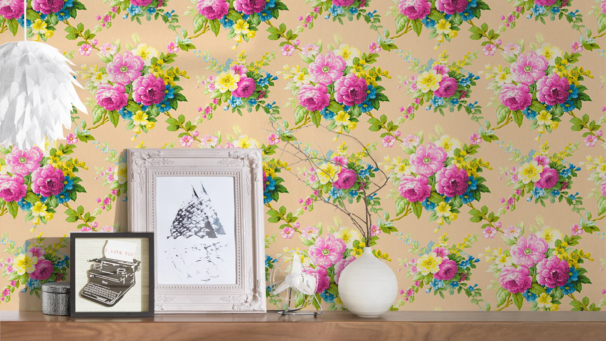 Papier peint en vinyle coloré classique rétro fleurs & ornements nature château 5 081