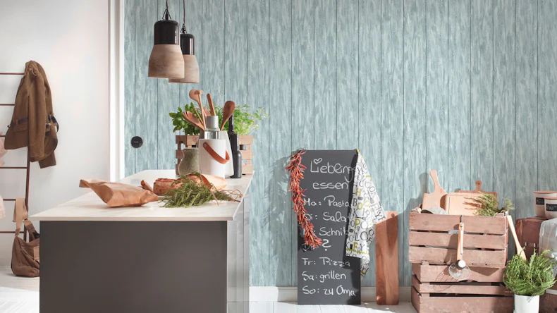 Vinyltapete blau Modern Retro Holz Neue Bude 2.0 523