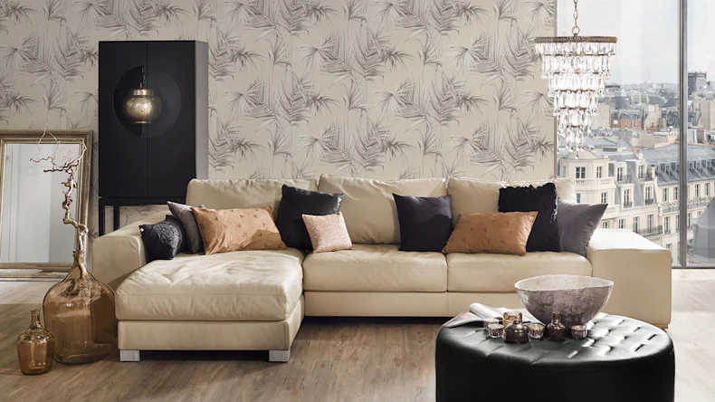 Papier peint de campagne Dream Again Michalsky Living modern country style feuilles de palmier gris beige 052