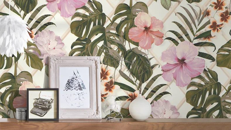 Tapete Dream Again Michalsky Living Blumen Palmenblätter Grün Rosa Weiß 181