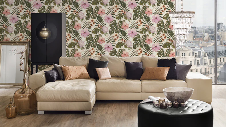 Tapete Dream Again Michalsky Living Blumen Palmenblätter Grün Rosa Weiß 181