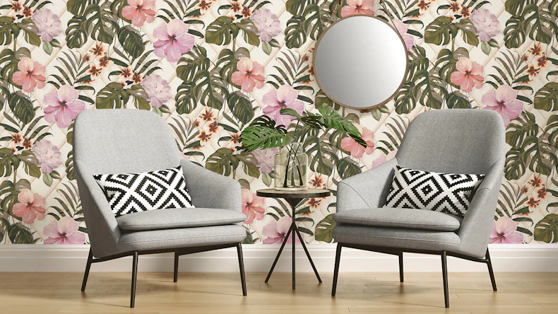 Tapete Dream Again Michalsky Living Blumen Palmenblätter Grün Rosa Weiß 181