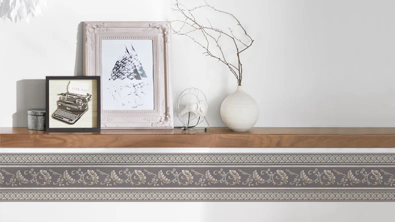Papier peint en vinyle bordure grise maison de campagne d'époque fleurs baroques & ornements de la nature Seulement les bordures 10 311