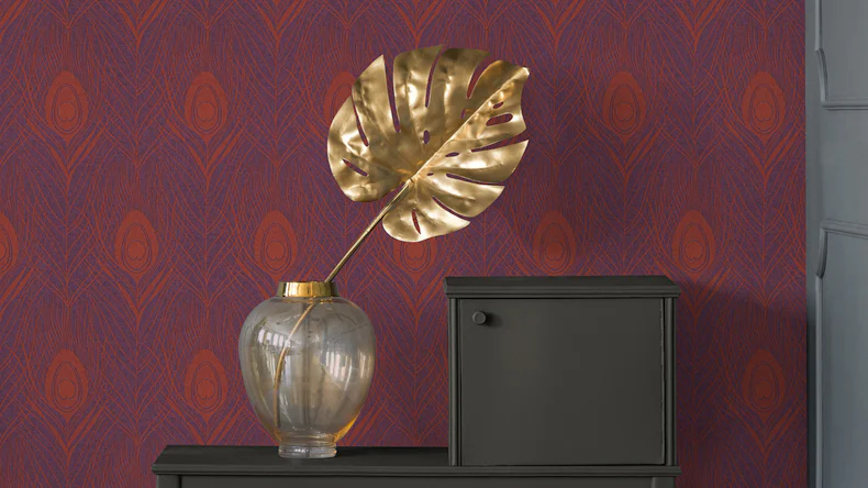 Carta da parati in vinile Assolutamente Chic Architetti Carta Retro Architetti Piume di pavone retrò Metallico Rosso Viola 715