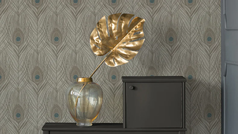 Carta da parati in vinile Assolutamente Chic Architetti Carta Carta Retro Pavone Piume Blu Marrone Grigio 716