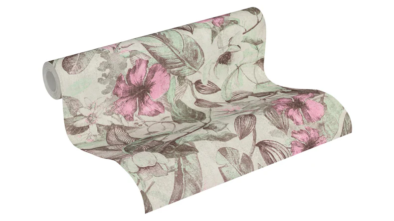 Papier peint vinyle Greenery A.S. Création country style hibiscus plantes vert rose gris 164