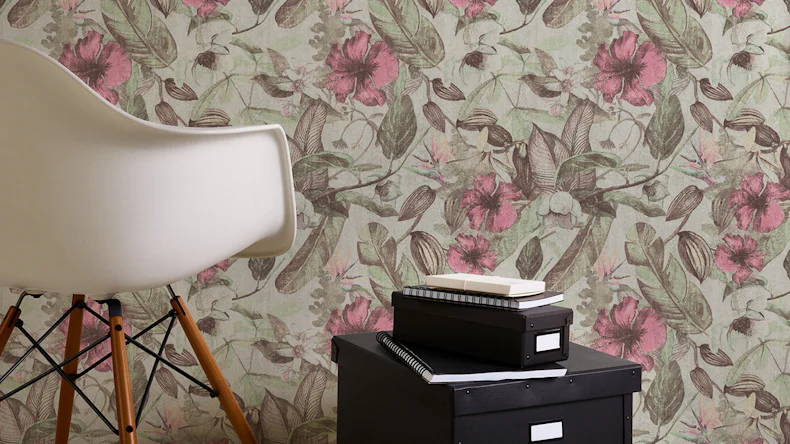 Papier peint vinyle Greenery A.S. Création country style hibiscus plantes vert rose gris 164