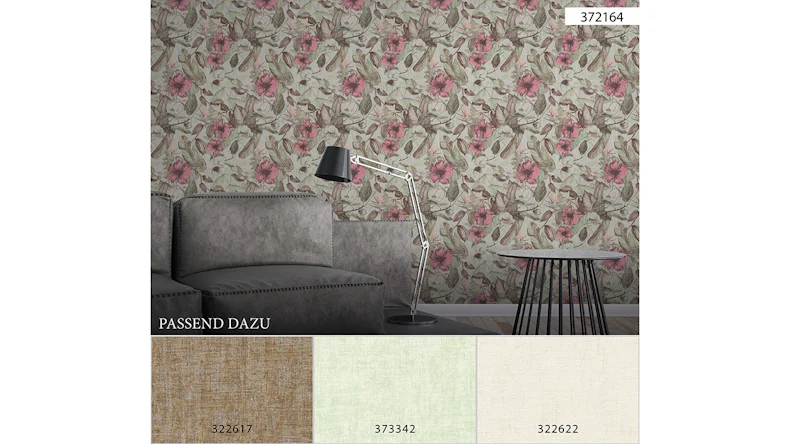 Papier peint vinyle Greenery A.S. Création country style hibiscus plantes vert rose gris 164