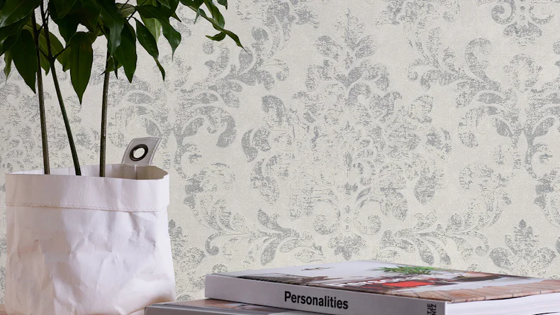 Vinyltapete Neue Bude 2.0 Edition 2 Used Glam A.S. Création Ornamente Weiß Grau Metallic 134