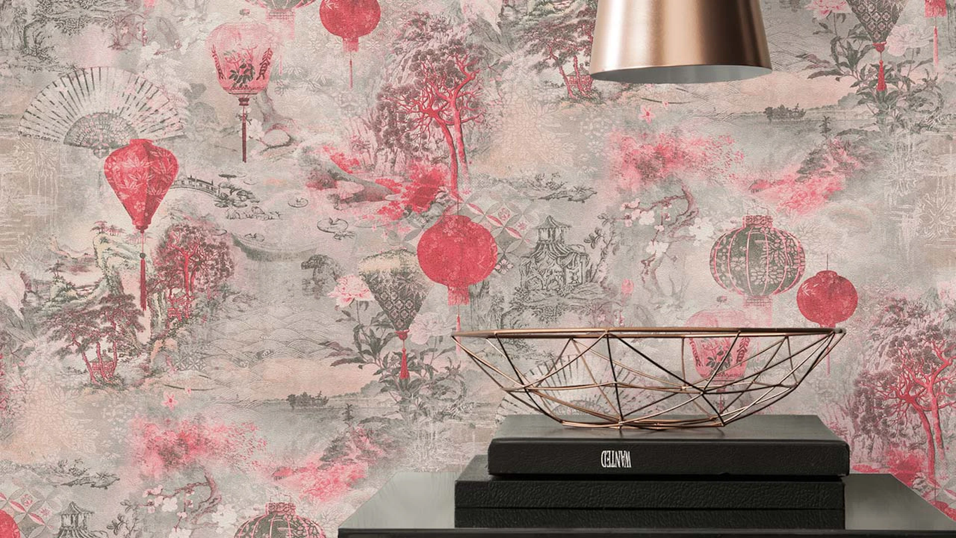 Papier peint vinyle rose moderne rétro fleurs & photos de nature Asian Fusion 662