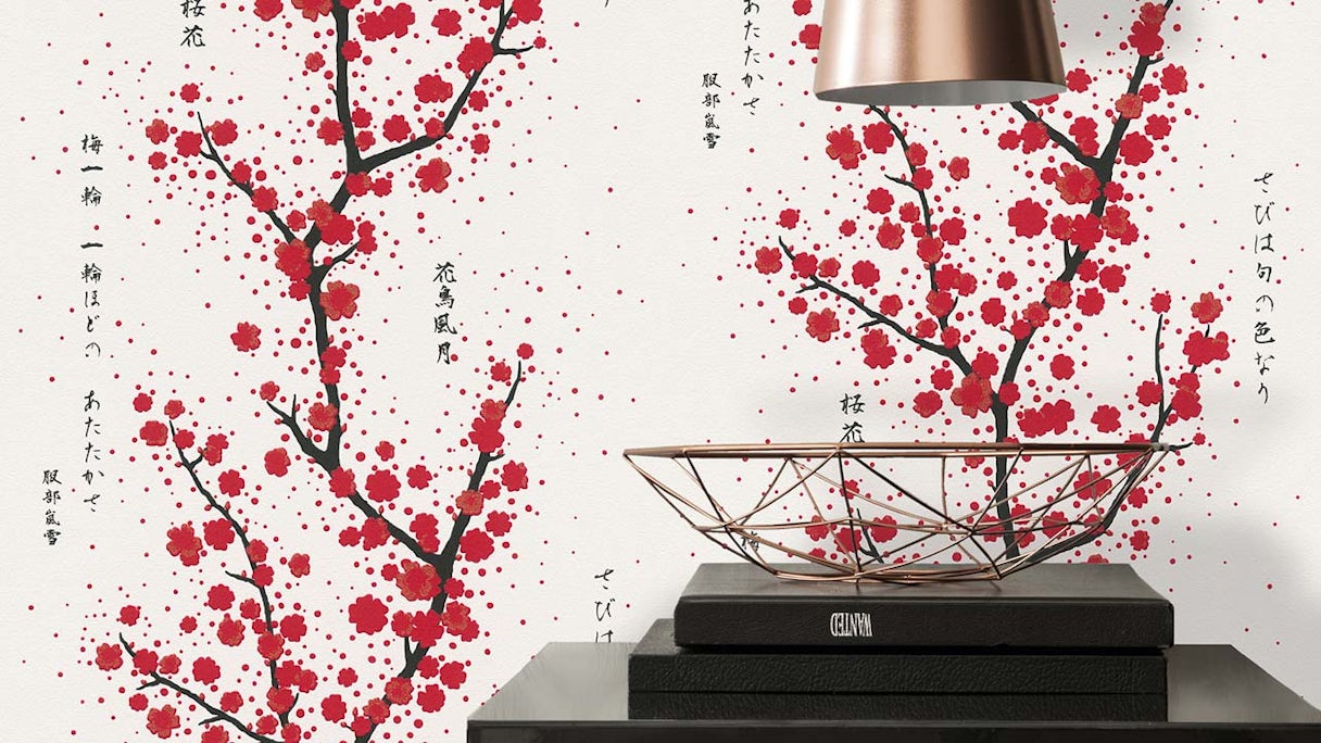 Papier peint vinyle rouge moderne rétro fleurs & photos de nature Asian Fusion 692