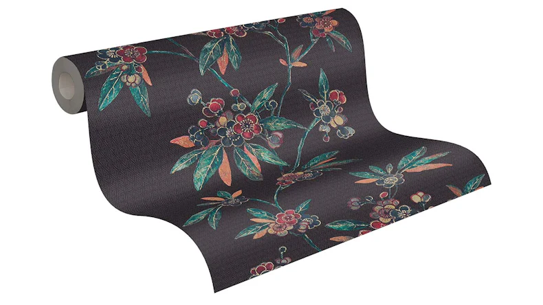 Vinyltapete schwarz Modern Retro Blumen & Natur Asian Fusion 721