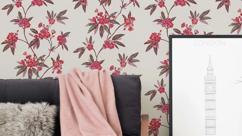 Papier peint vinyle rouge moderne rétro fleurs & nature Asian Fusion 723