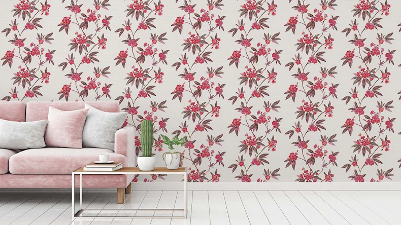 Papier peint vinyle rouge moderne rétro fleurs & nature Asian Fusion 723