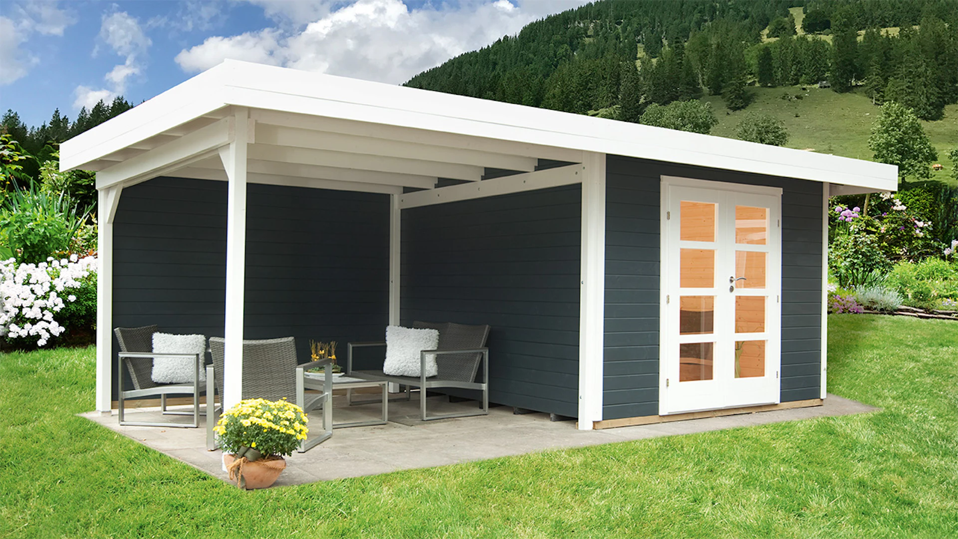 planeo Gartenhaus - Systemhaus Relax Lounge B mit Seitendach und Rückwand 300 anthrazit