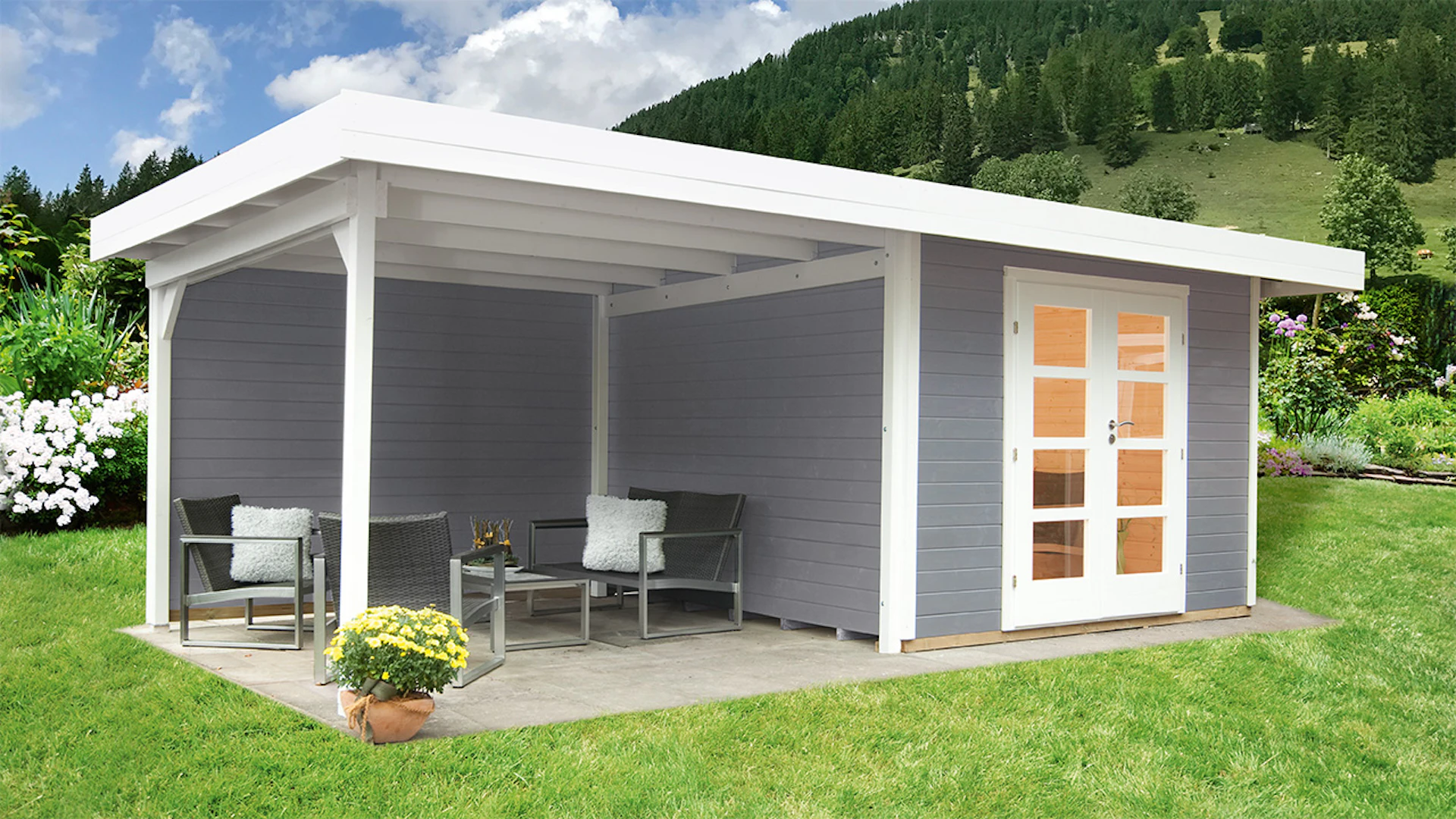 planeo Gartenhaus - Systemhaus Relax Lounge C mit Seitendach und Rückwand 300 hellgrau