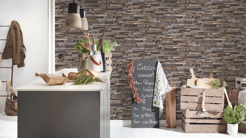 Carta da parati in vinile Best of Wood'n Stone 2a edizione A.S. Création muro in pietra stile country beige marrone giallo 217